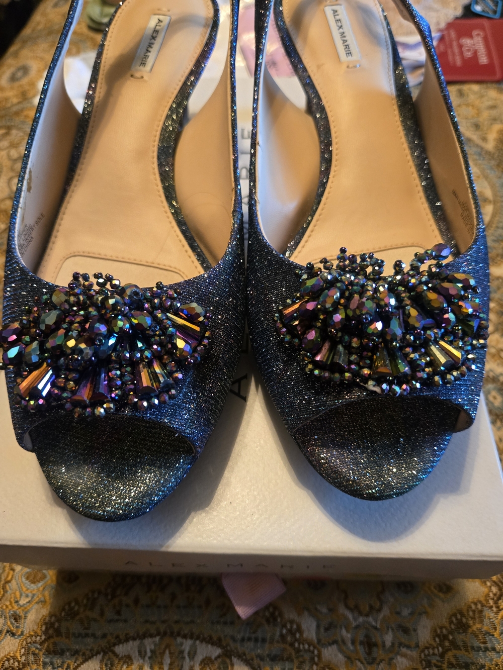 Alex Marie Navy Glitter Peep-Toe Slingback Flats with Iridescent Bead Cluster